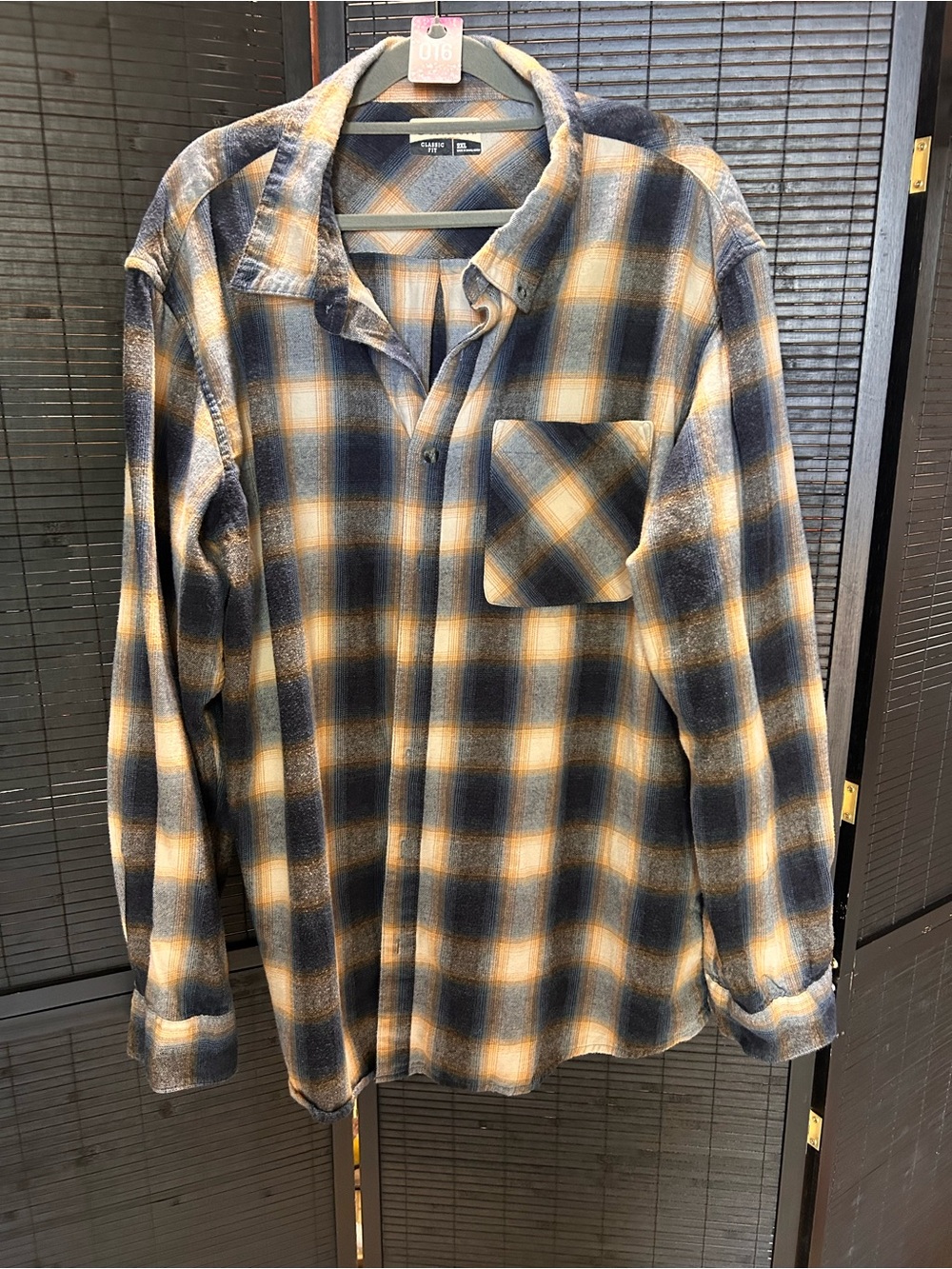 Unbranded Men's Navy and Mustard Plaid Flannel Shirt